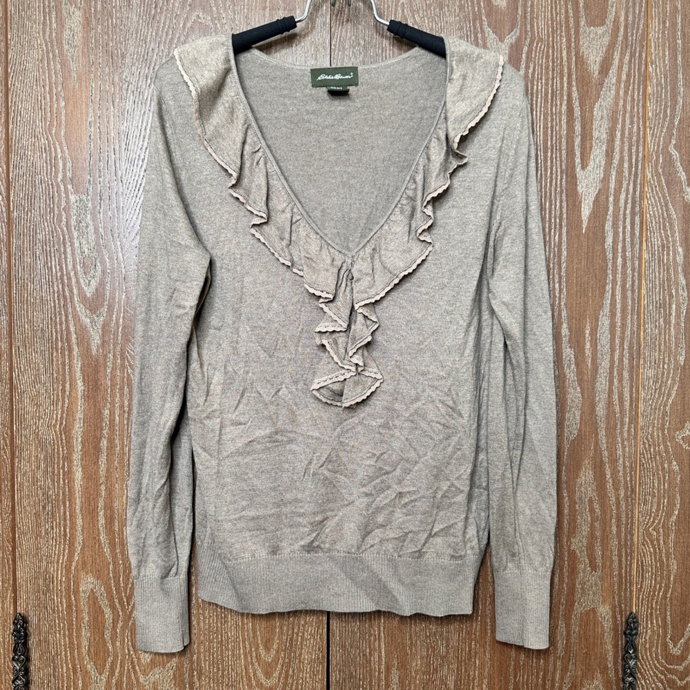 Eddie Bauer Womens Silk Angora Ruffle V-Neck Sweater Taupe Lace M Quiet Luxury